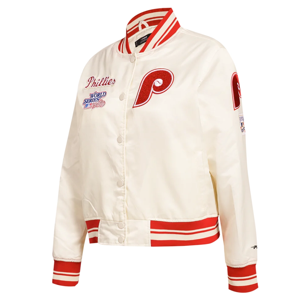 Philadelphia phillies retro classic womens full snap satin varsity jacket white 6