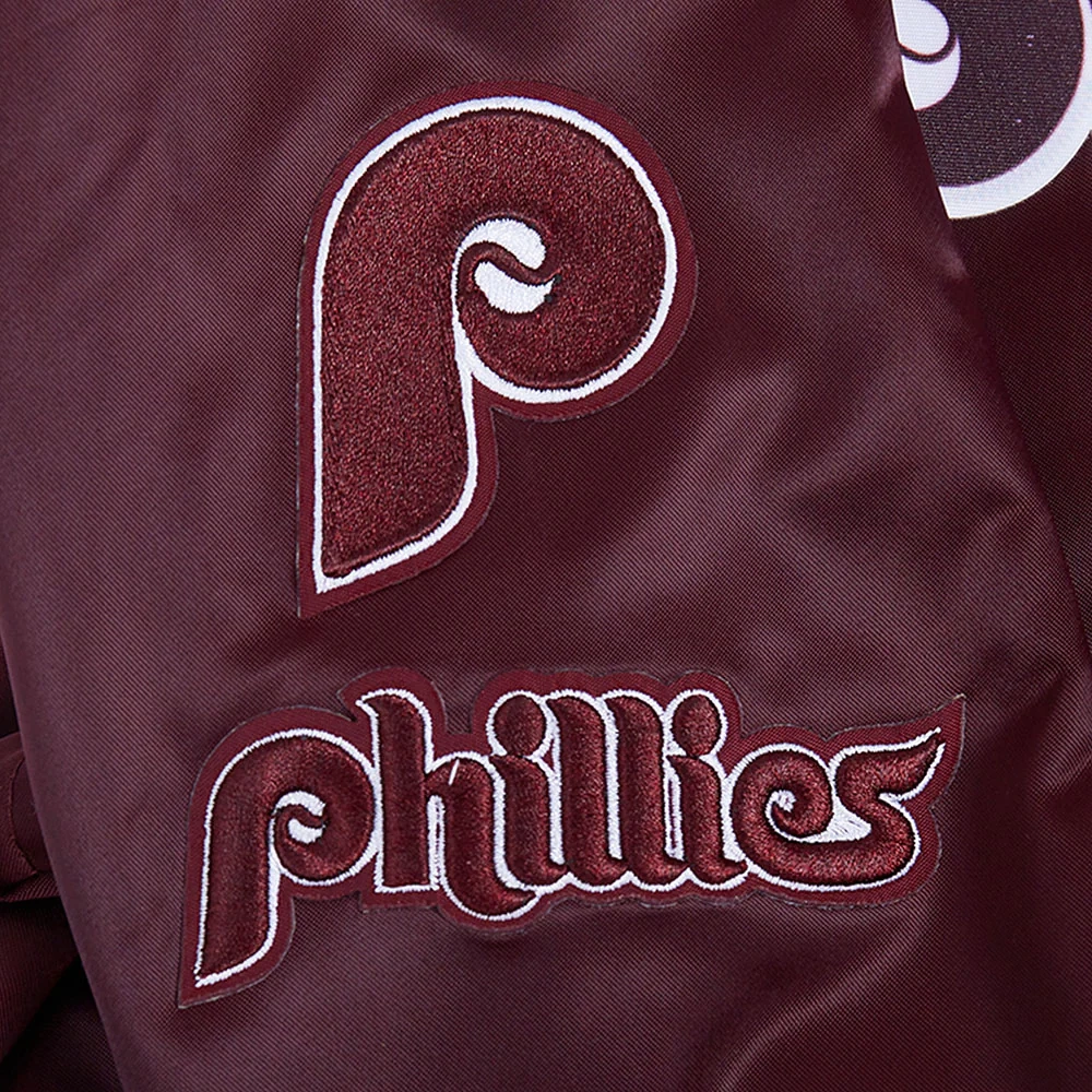 Philadelphia phillies retro classic womens full snap satin varsity jacket wine 1