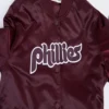 Philadelphia phillies retro classic womens full snap satin varsity jacket wine 2