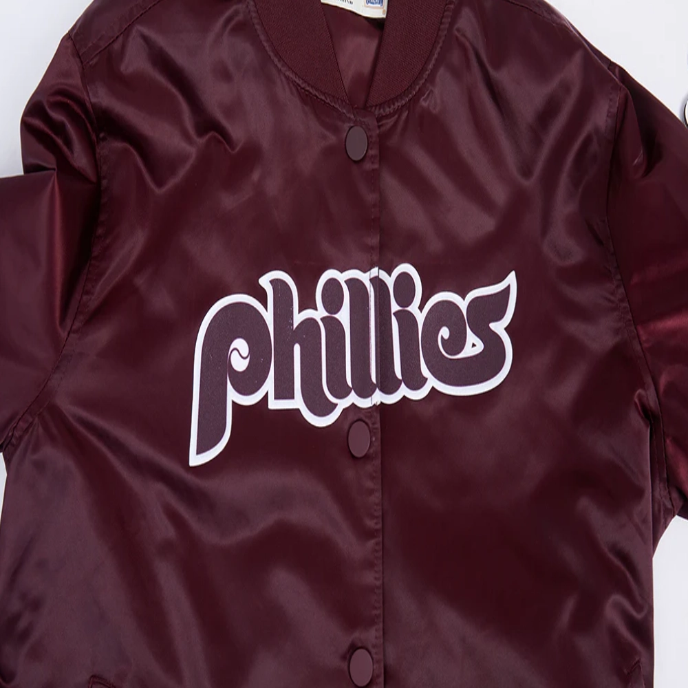 Philadelphia phillies retro classic womens full snap satin varsity jacket wine 2