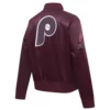 Philadelphia phillies retro classic womens full snap satin varsity jacket wine 3