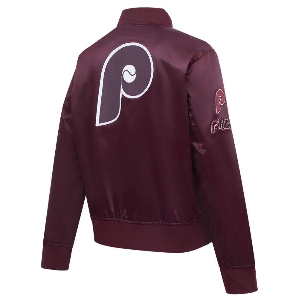 Philadelphia phillies retro classic womens full snap satin varsity jacket wine 3