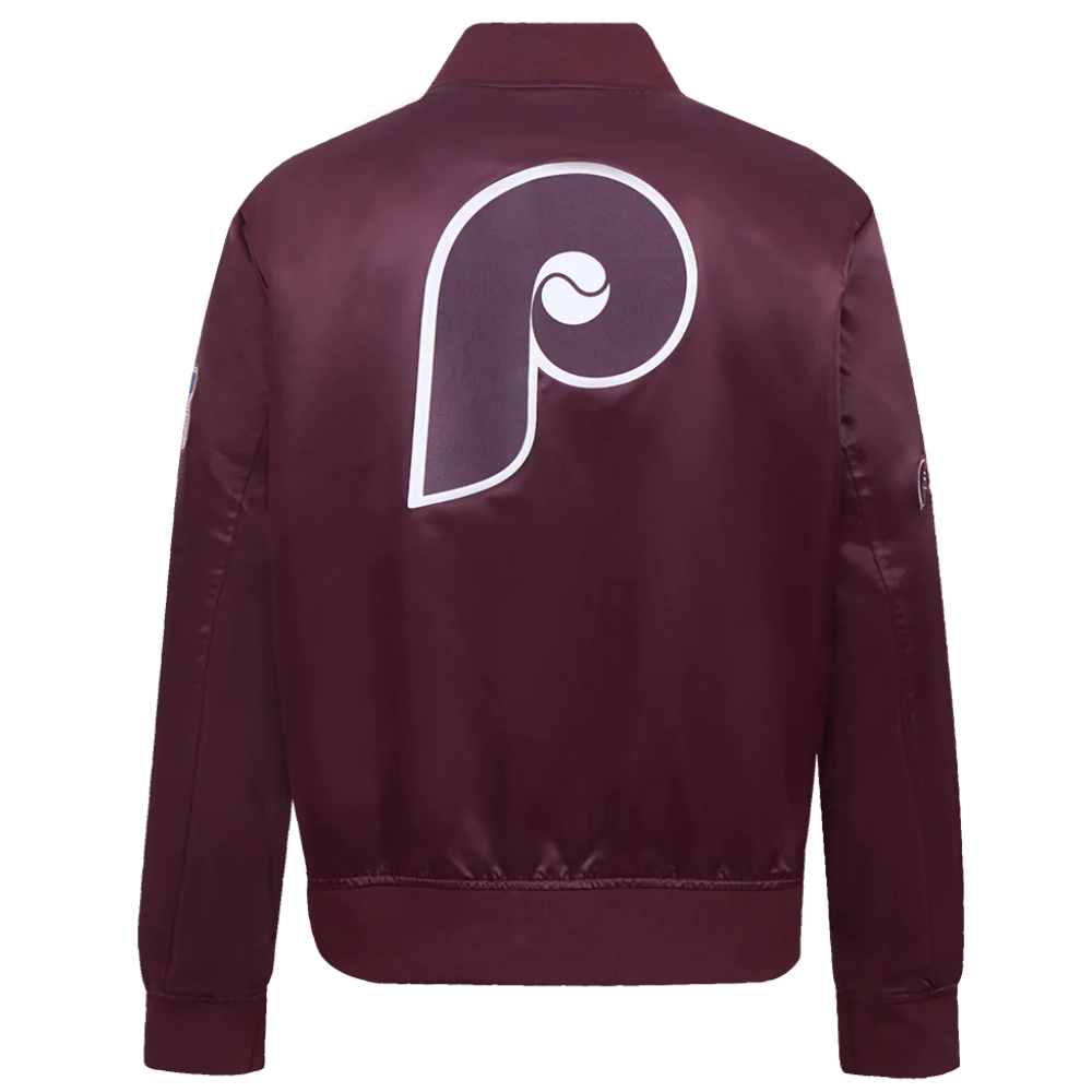 Philadelphia phillies retro classic womens full snap satin varsity jacket wine 4