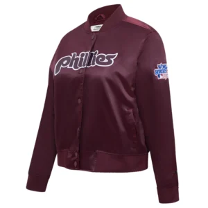 Philadelphia phillies retro classic womens full snap satin varsity jacket wine 5