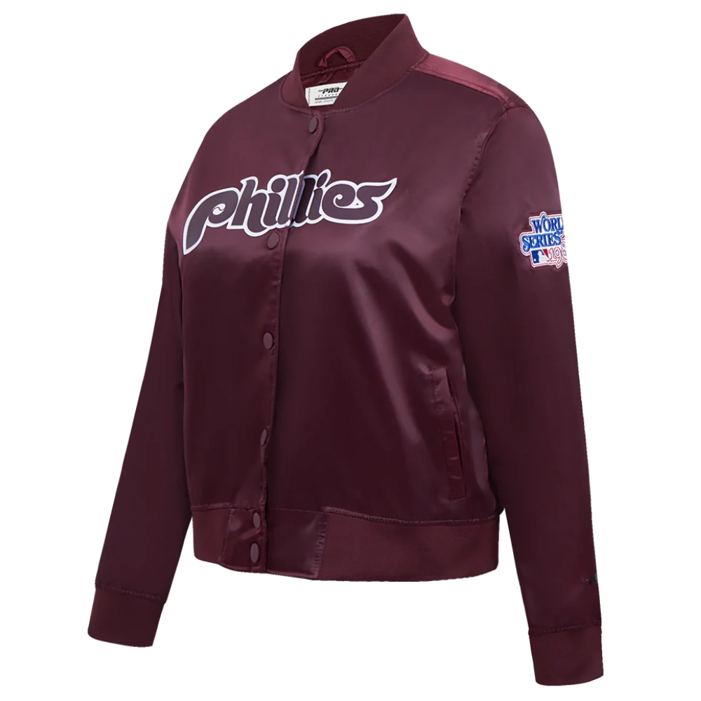 Philadelphia phillies retro classic womens full snap satin varsity jacket wine 5