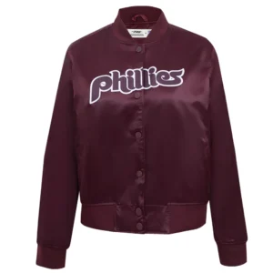 Philadelphia phillies retro classic womens full snap satin varsity jacket wine 6
