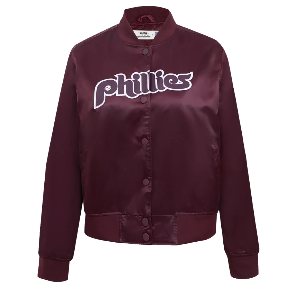 Philadelphia phillies retro classic womens full snap satin varsity jacket wine 6