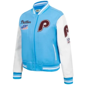 Philadelphia phillies retro classic womens wool leather varsity jacket blue white 8
