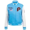 Philadelphia phillies retro classic womens wool leather varsity jacket blue white 9