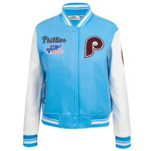 Philadelphia phillies retro classic womens wool leather varsity jacket blue white 9
