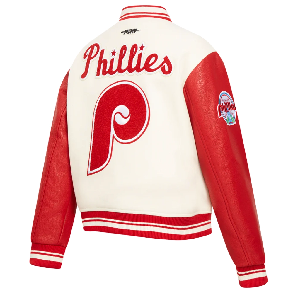 Philadelphia phillies retro classic womens wool leather varsity jacket cream red 5