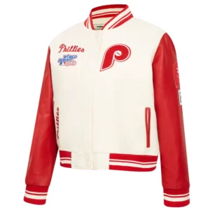 Philadelphia phillies retro classic womens wool leather varsity jacket cream red 7