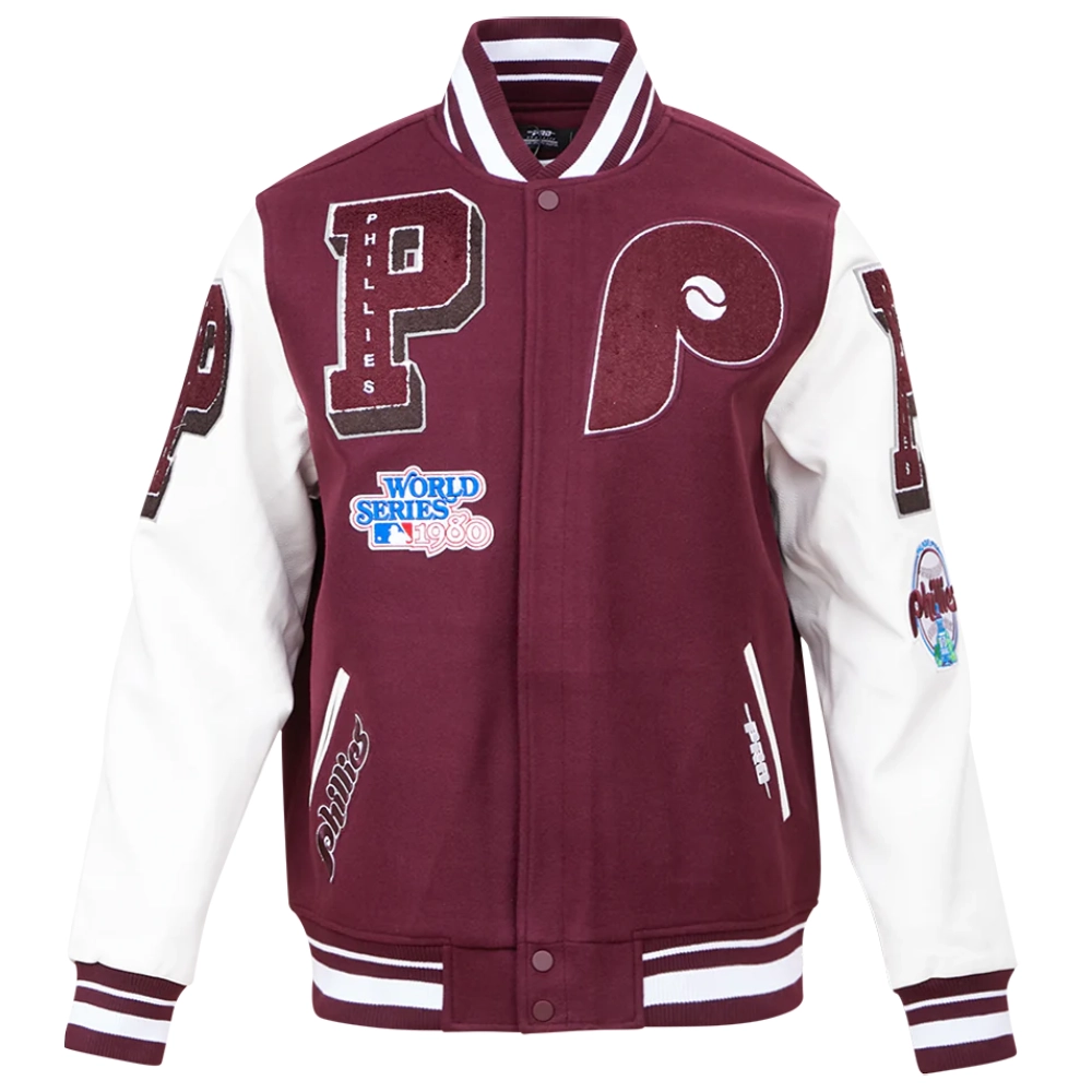 Philadelphia phillies retro classic wool leather varsity jacket wine white 8