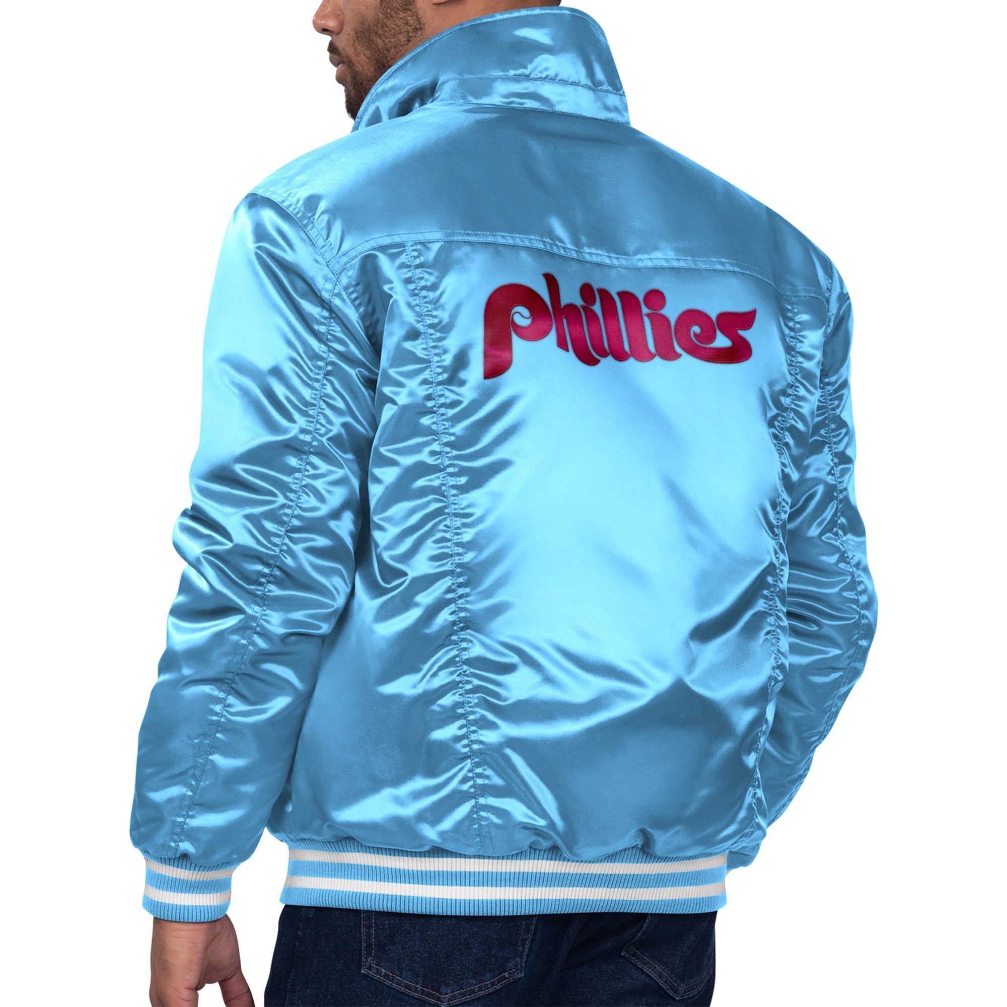 Philadelphia phillies satin varsity trucker jacket blue 1 1