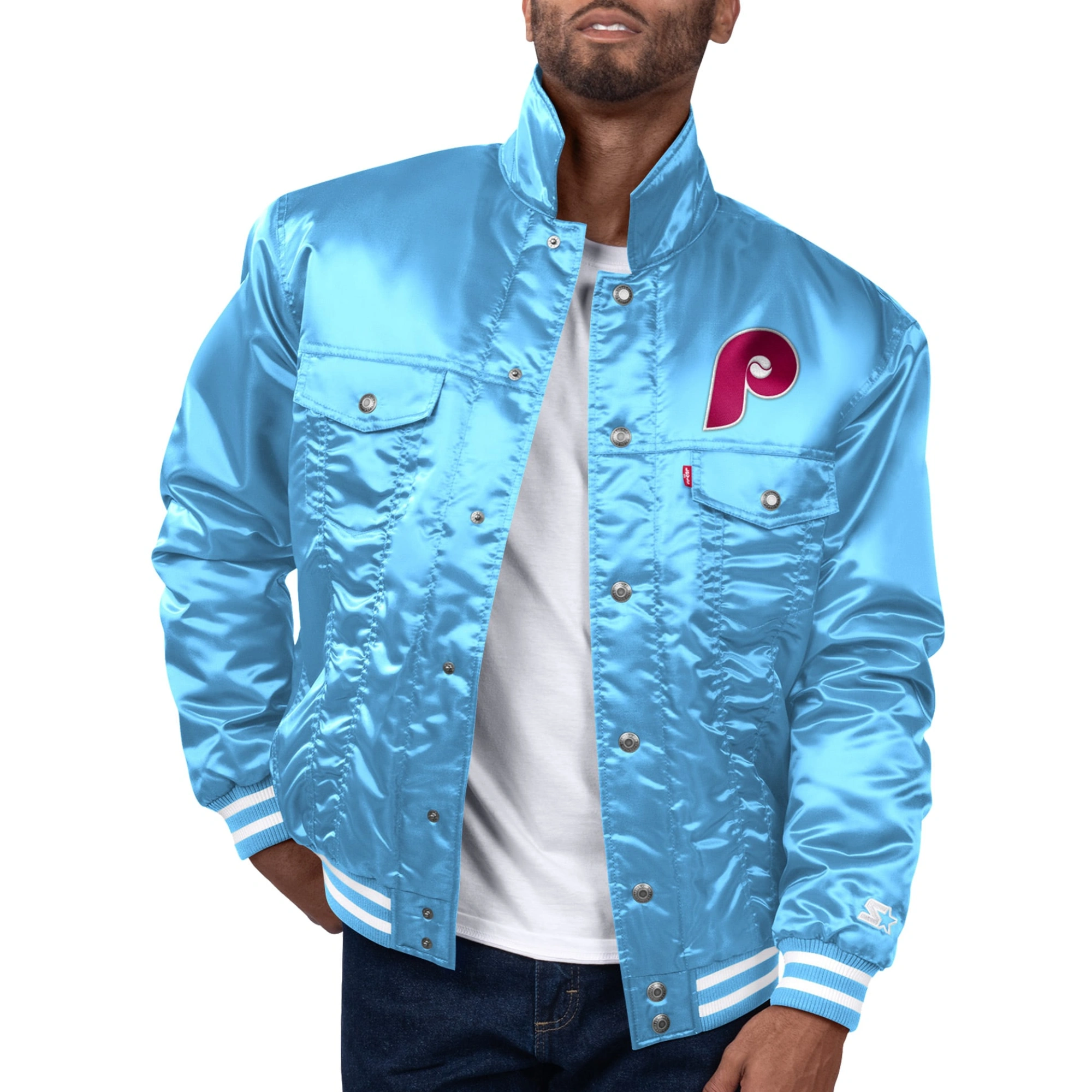 Philadelphia phillies satin varsity trucker jacket blue 1