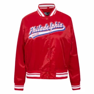 Philadelphia phillies script tail womens satin jacket red 1