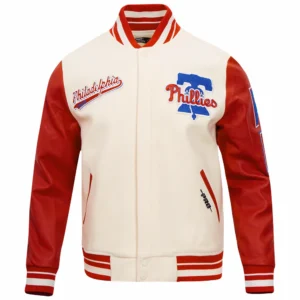 Philadelphia phillies script tail wool leather varsity jacket whitered 1