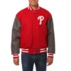 Philadelphia phillies two tone handcrafted logo wool varsity jacket red gray 1