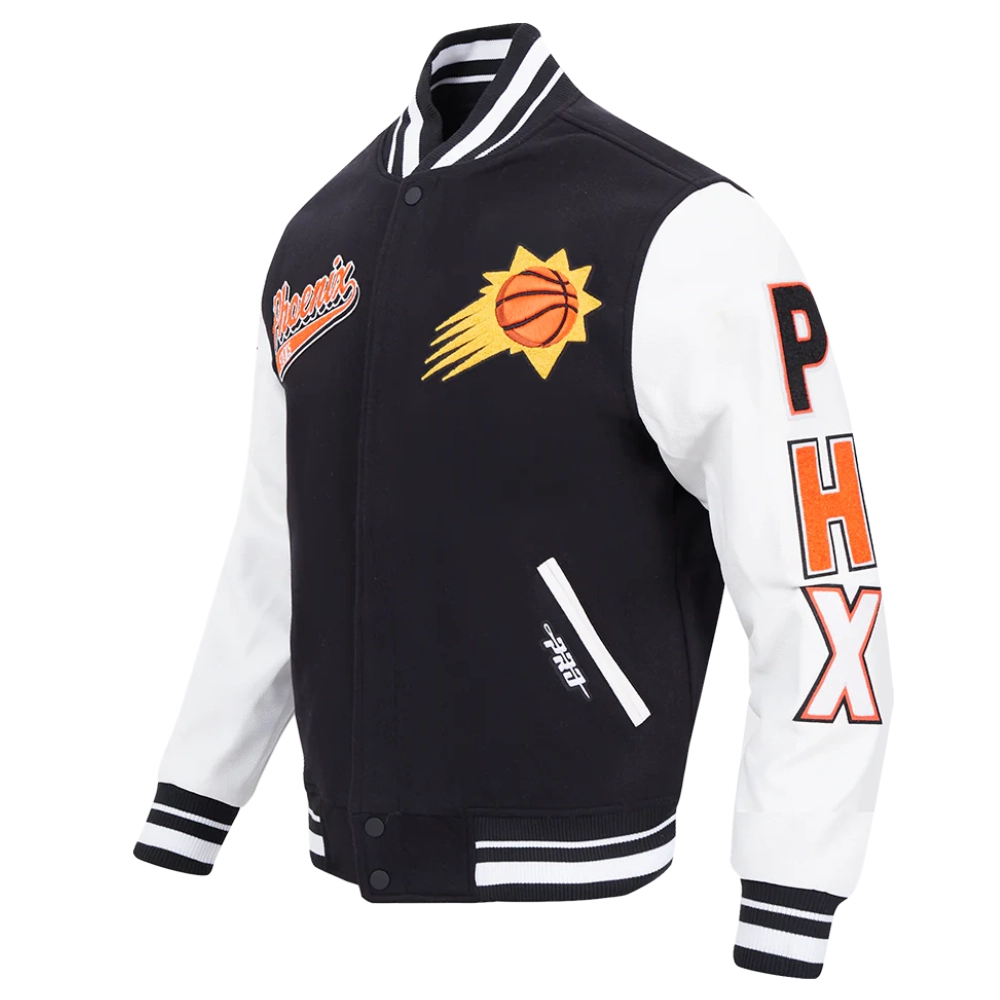 Phoenix suns script tail wool leather varsity jacket black white 5