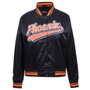 Phoenix suns womens script tail full snap satin varsity jacket black 5