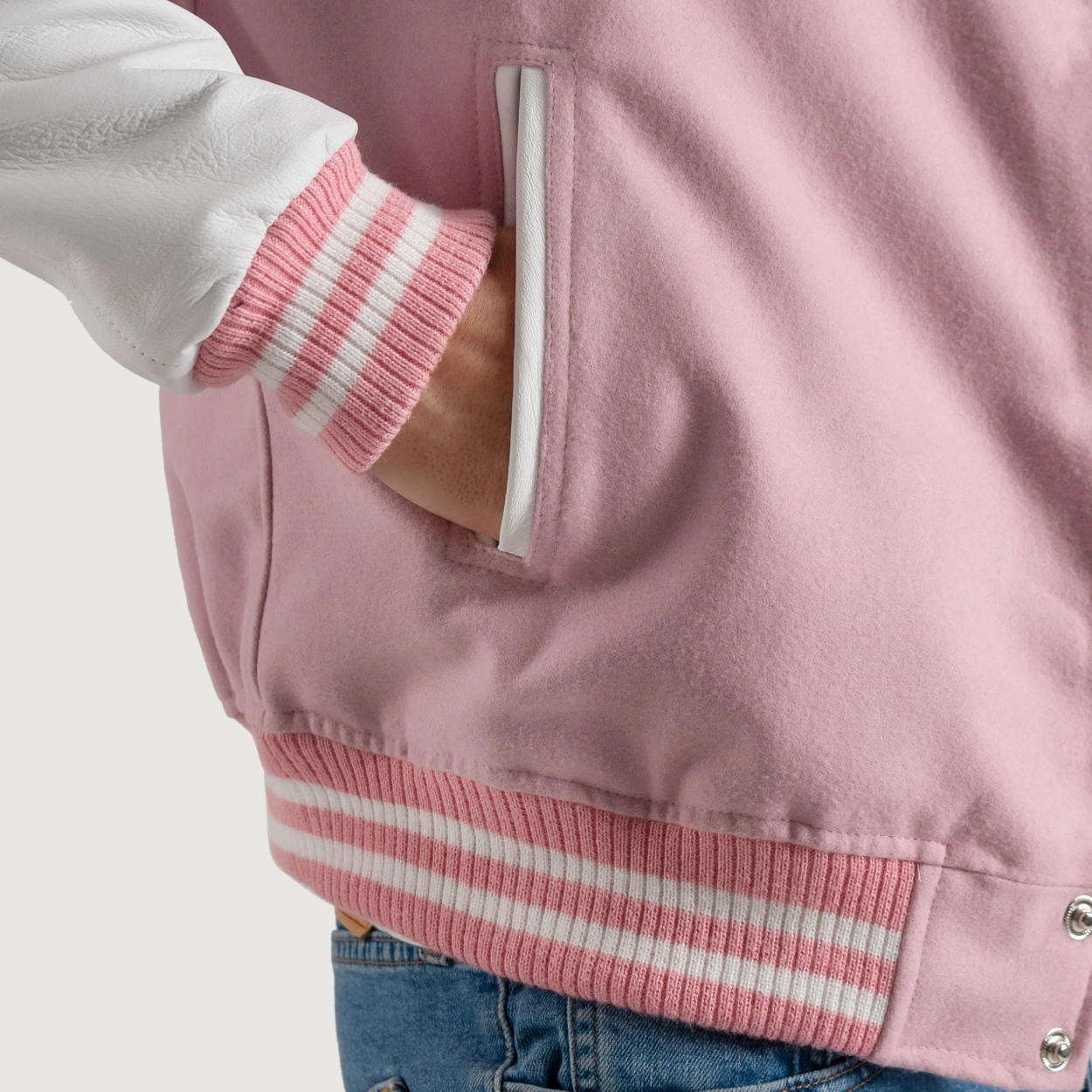 Pink and white varsity letterman jacket 1