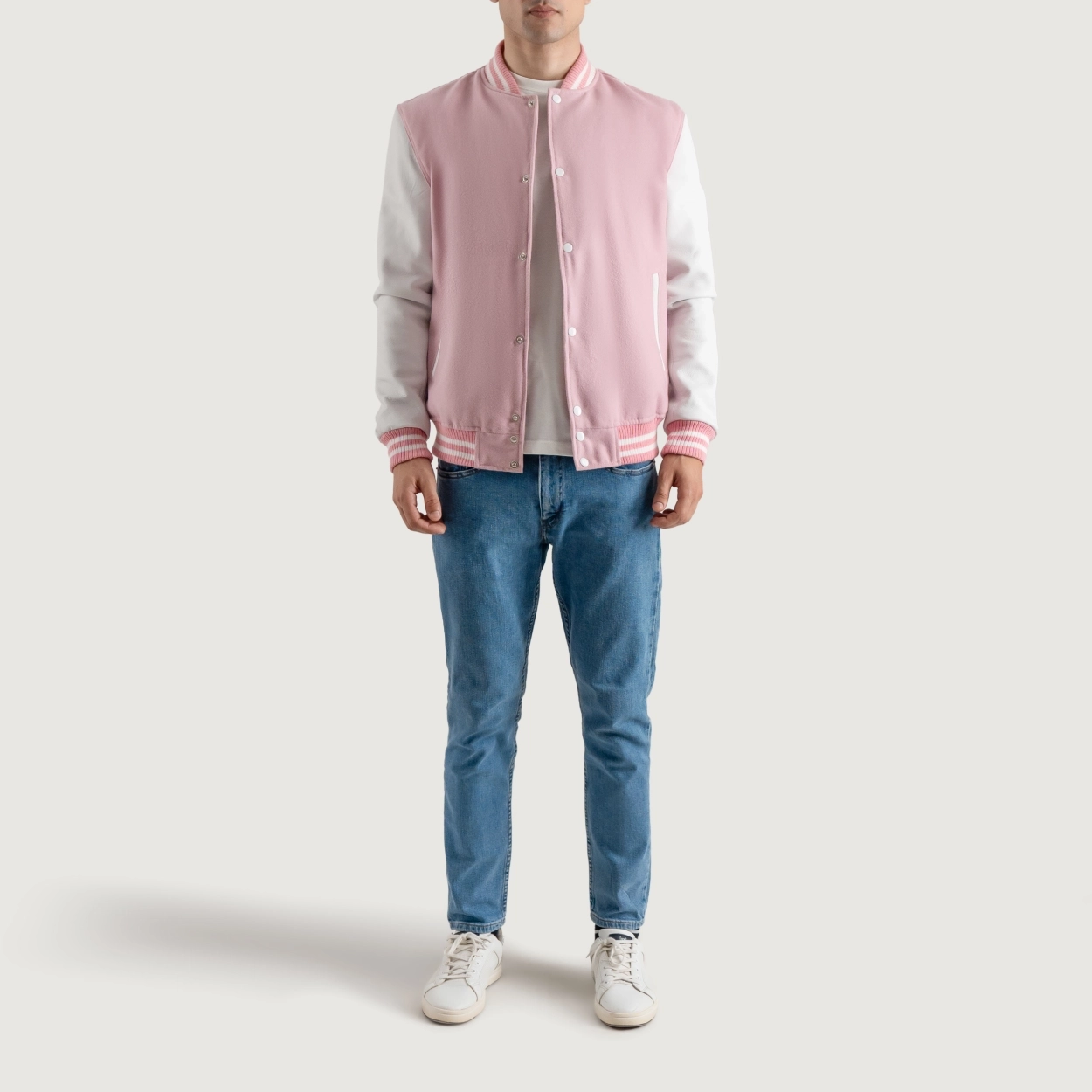Pink and white varsity letterman jacket 4