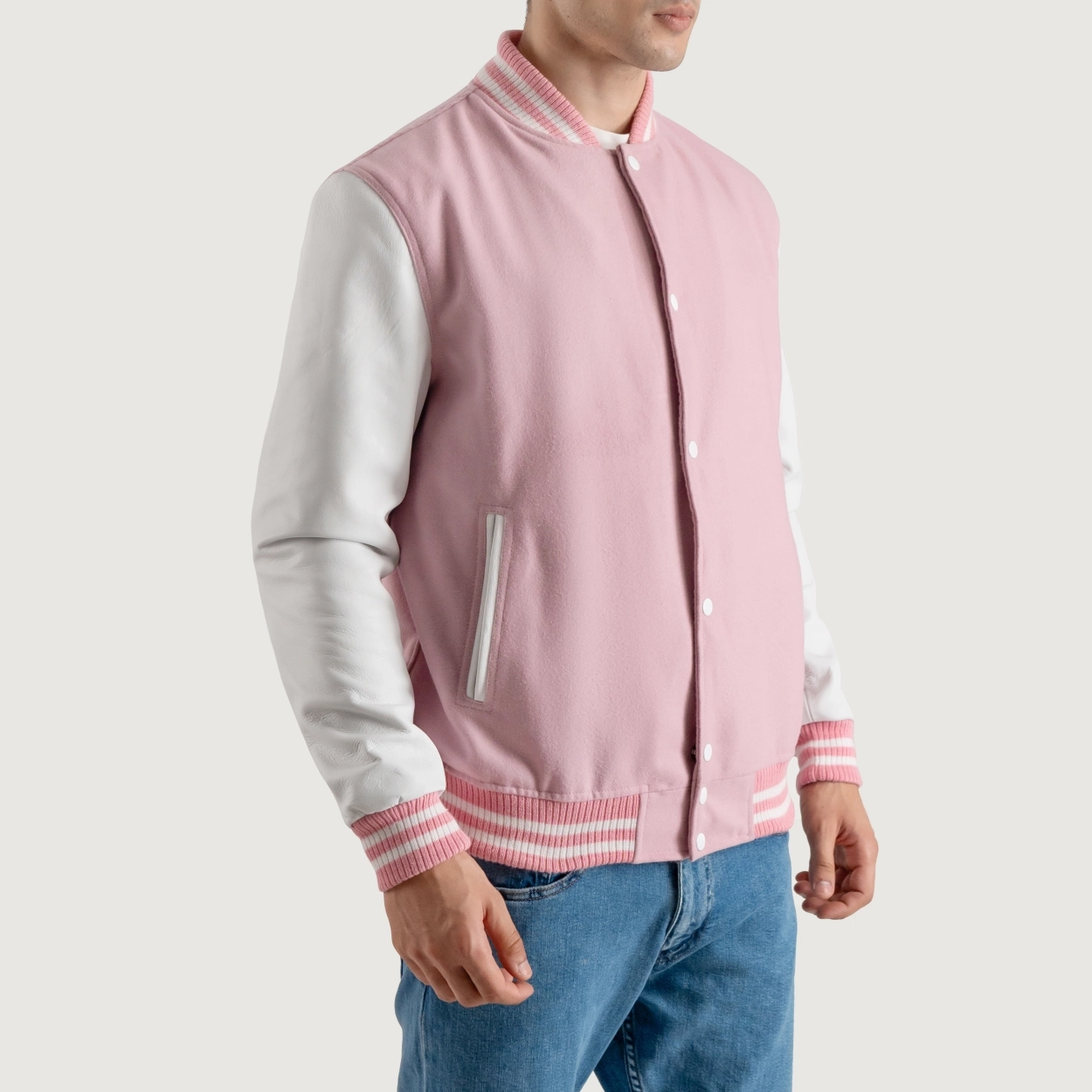 Pink and white varsity letterman jacket