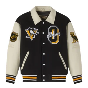 Pittsburgh penguins black full snap wool and leather jacket