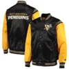Pittsburgh penguins enforcer full snap satin varsity jacket blackyellow 1