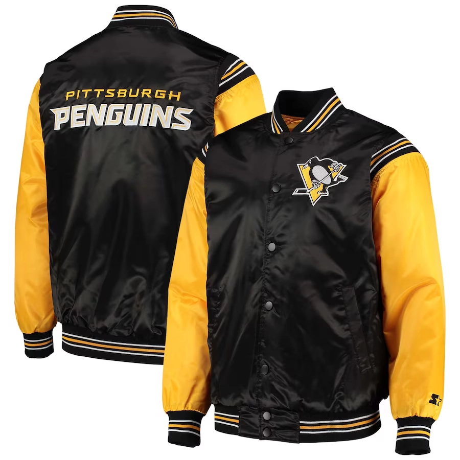 Pittsburgh penguins enforcer full snap satin varsity jacket blackyellow 1