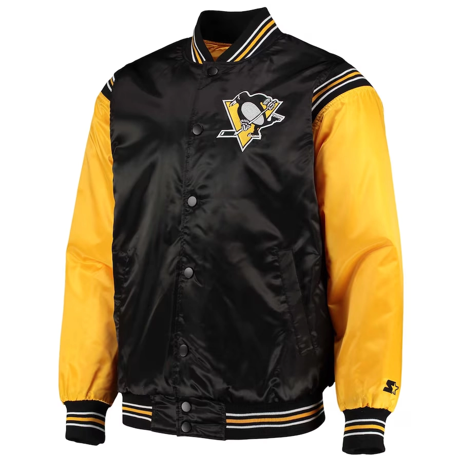 Pittsburgh penguins enforcer full snap satin varsity jacket blackyellow 4