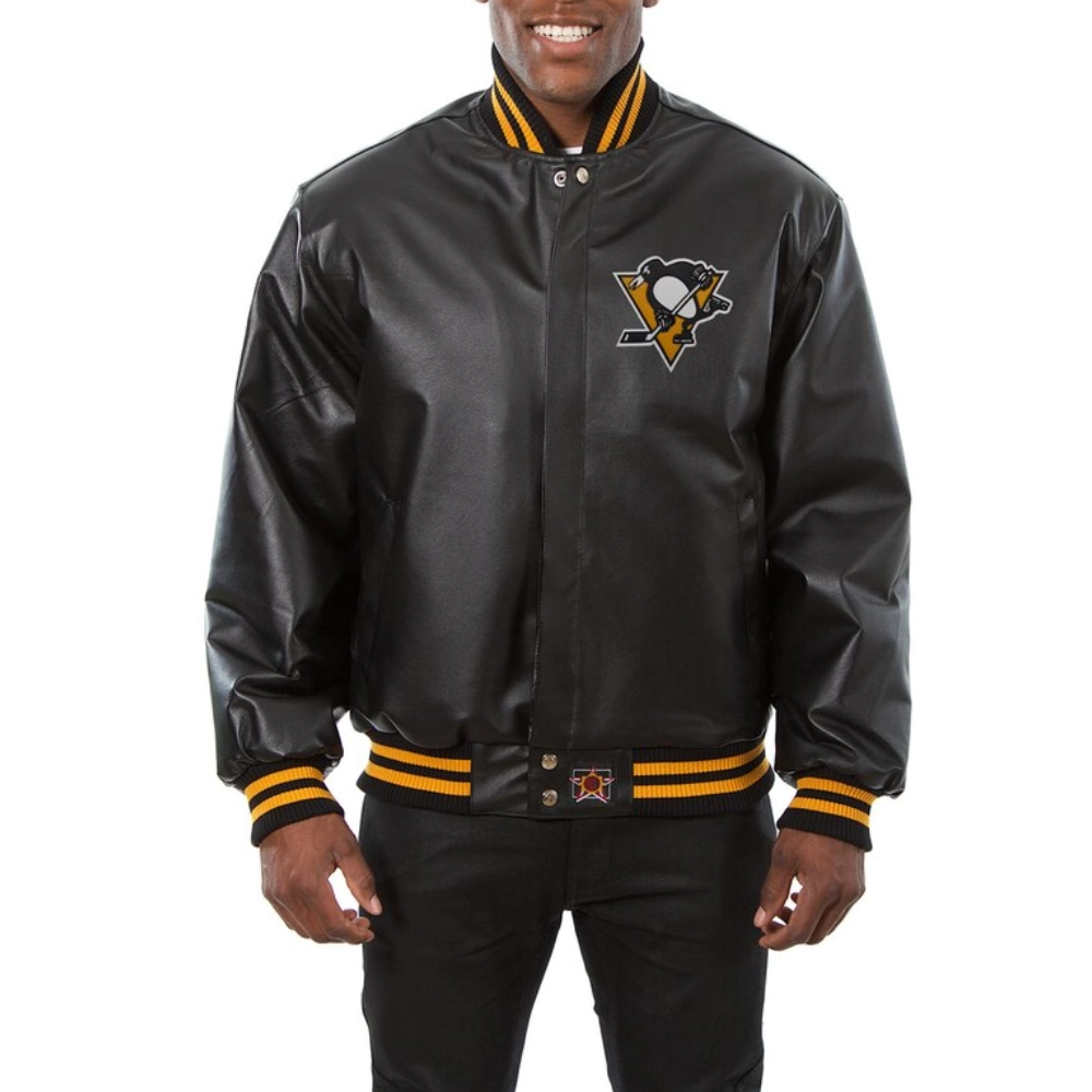 Pittsburgh penguins genuine leather varsity jacket black 1