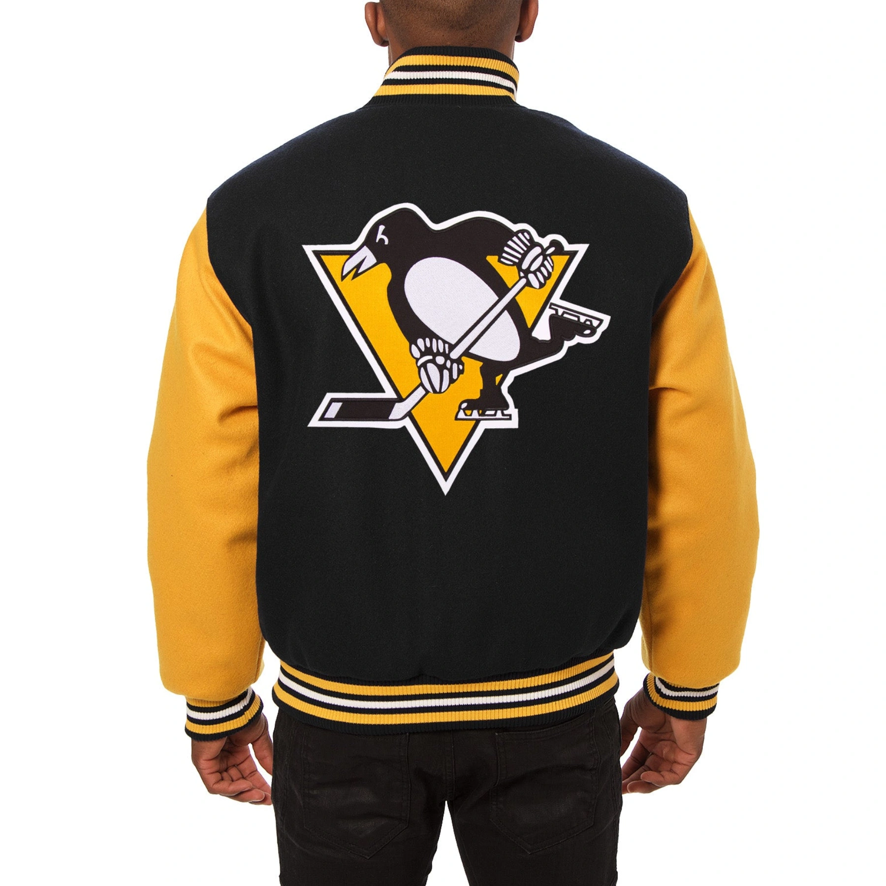 Pittsburgh penguins handmade two tone wool varsity jacket black yellow 1 1