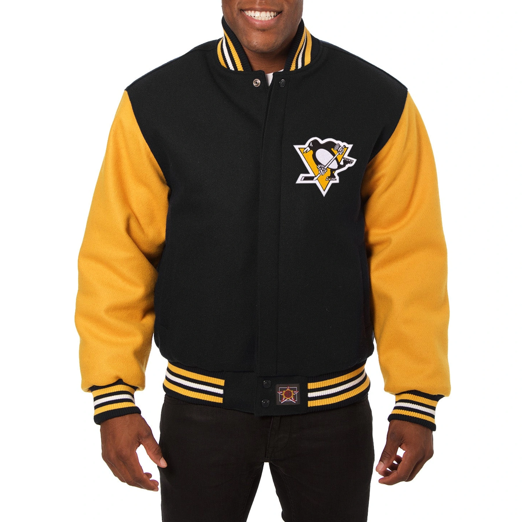 Pittsburgh penguins handmade two tone wool varsity jacket black yellow 1
