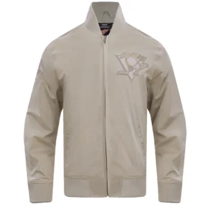Pittsburgh penguins neutral twill taupe satin varsity jacket 1