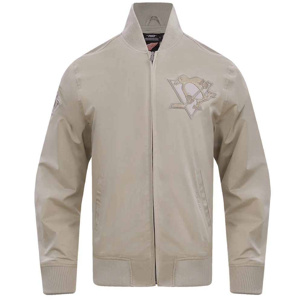 Pittsburgh penguins neutral twill taupe satin varsity jacket 1