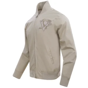Pittsburgh penguins neutral twill taupe satin varsity jacket 2