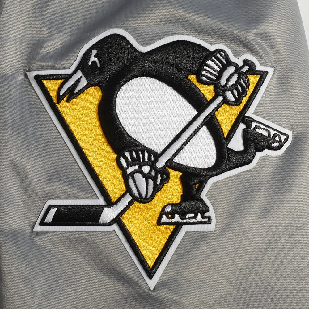Pittsburgh penguins script tail full snap satin varsity jacket grey 1