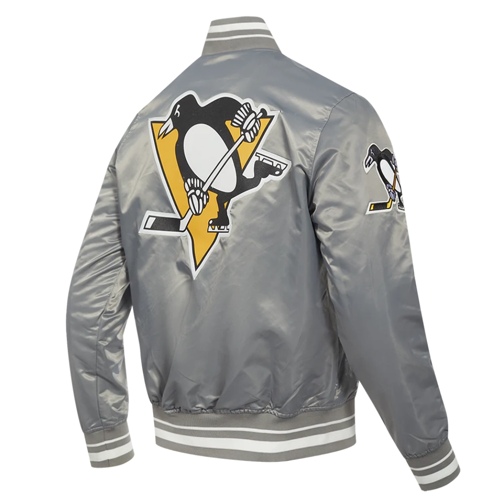 Pittsburgh penguins script tail full snap satin varsity jacket grey 2