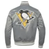 Pittsburgh penguins script tail full snap satin varsity jacket grey 3