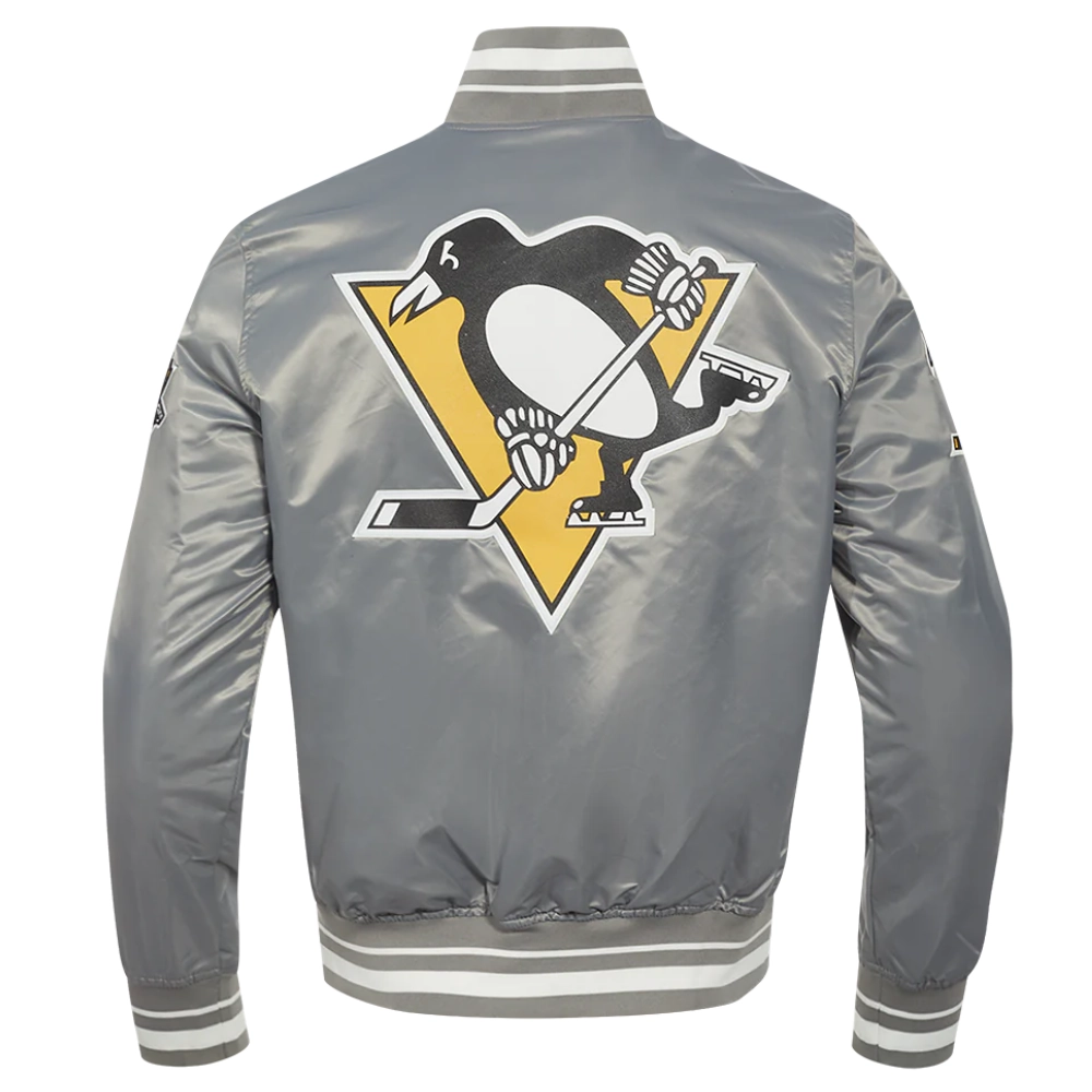 Pittsburgh penguins script tail full snap satin varsity jacket grey 3