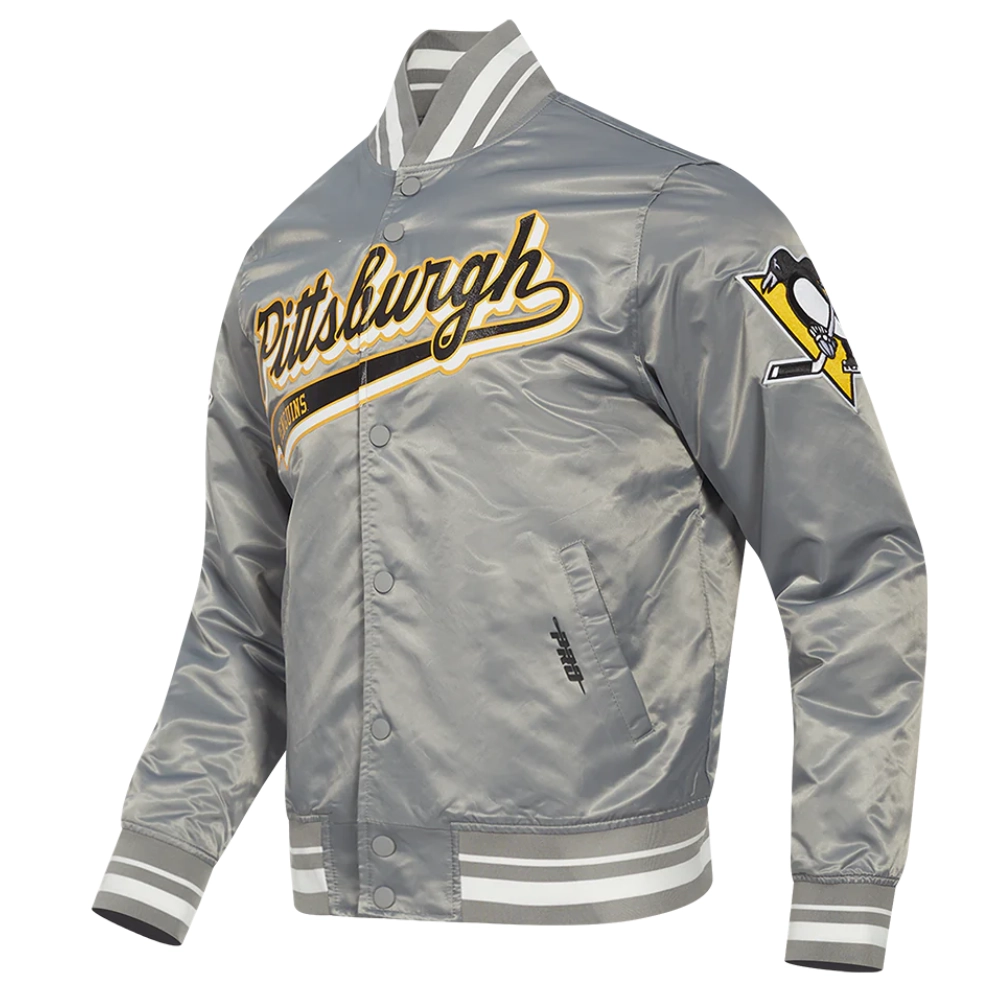 Pittsburgh penguins script tail full snap satin varsity jacket grey 4