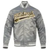 Pittsburgh penguins script tail full snap satin varsity jacket grey 5