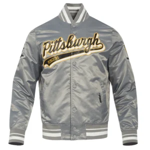 Pittsburgh penguins script tail full snap satin varsity jacket grey 5