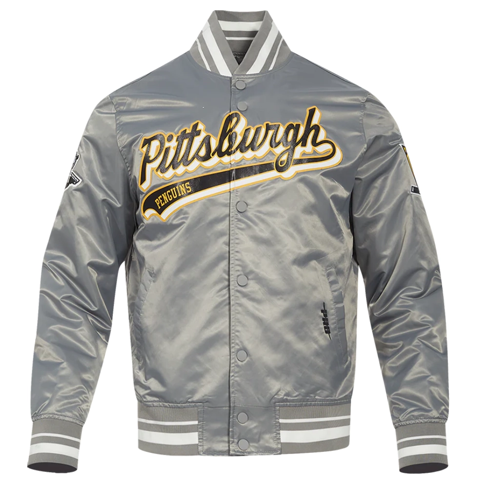 Pittsburgh penguins script tail full snap satin varsity jacket grey 5