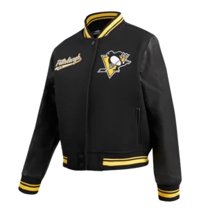 Pittsburgh penguins script tail wool leather varsity jacket black 2
