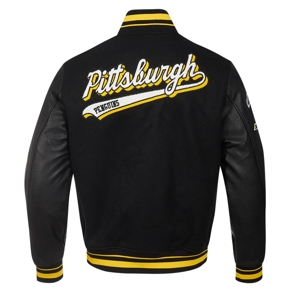 Pittsburgh penguins script tail wool leather varsity jacket black 3 1