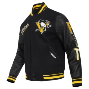 Pittsburgh penguins script tail wool leather varsity jacket black 4 1