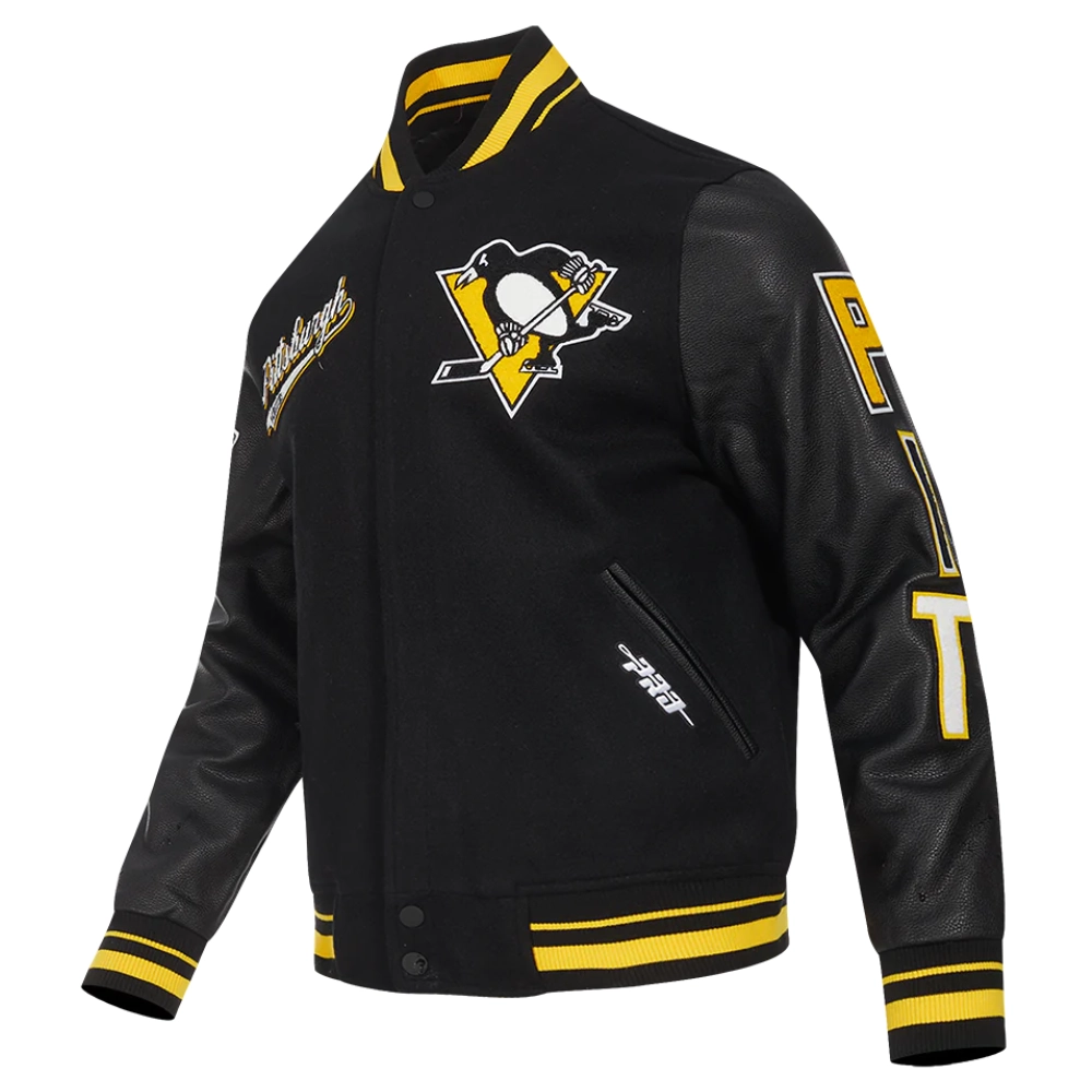 Pittsburgh penguins script tail wool leather varsity jacket black 4 1