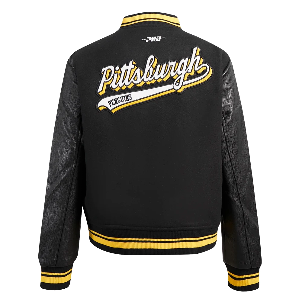 Pittsburgh penguins script tail wool leather varsity jacket black 4
